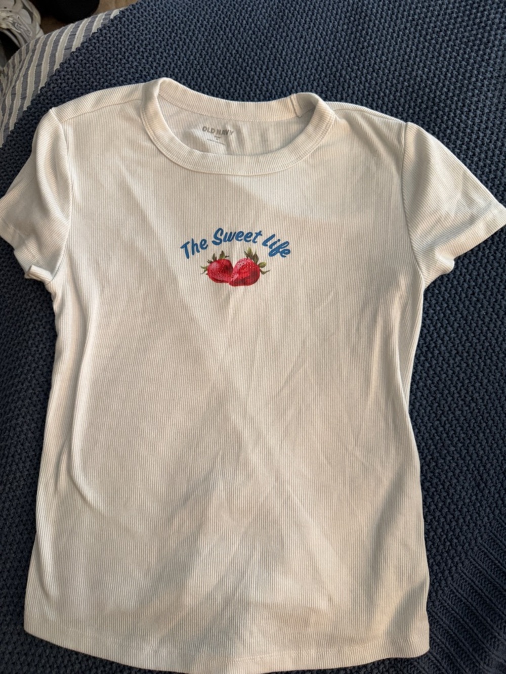 Old Navy White Tee with Blue Script and Red Strawberry Graphic